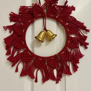 Hand Woven Macrame Christmas Wreath| Deep Red Festive Door Hanger with Gold Bells