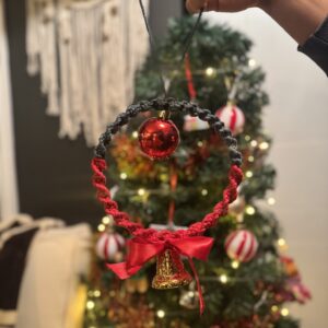 Handmade Macramé Christmas Hanging Ornament – Red Bauble & Gold Bell
