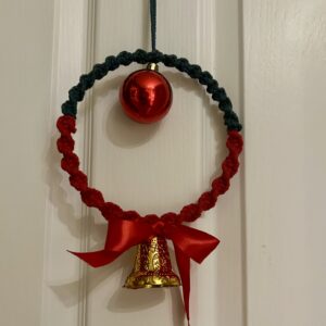 Handmade Macramé Christmas Hanging Ornament – Red Bauble & Gold Bell