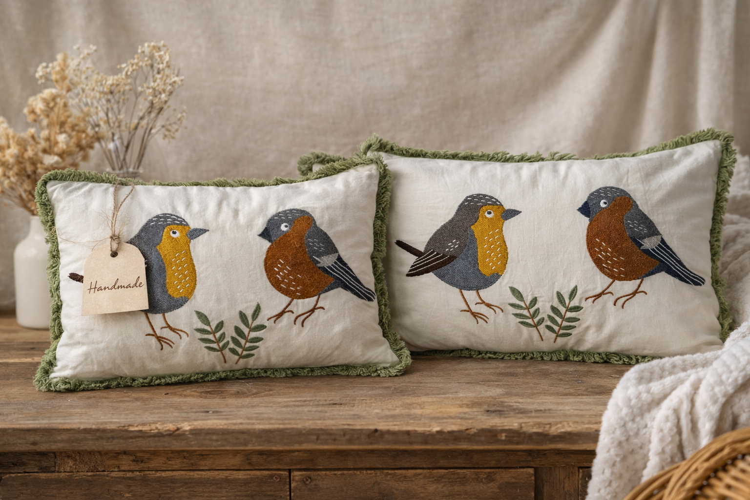Embroidered Robin Cushion Cover , 100% Slub Cotton Bird Pilllow Cover - Sustainable Boho Home Decor - Image 2