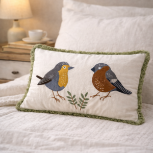Embroidered Robin Cushion Cover , 100% Slub Cotton Bird Pilllow Cover - Sustainable Boho Home Decor