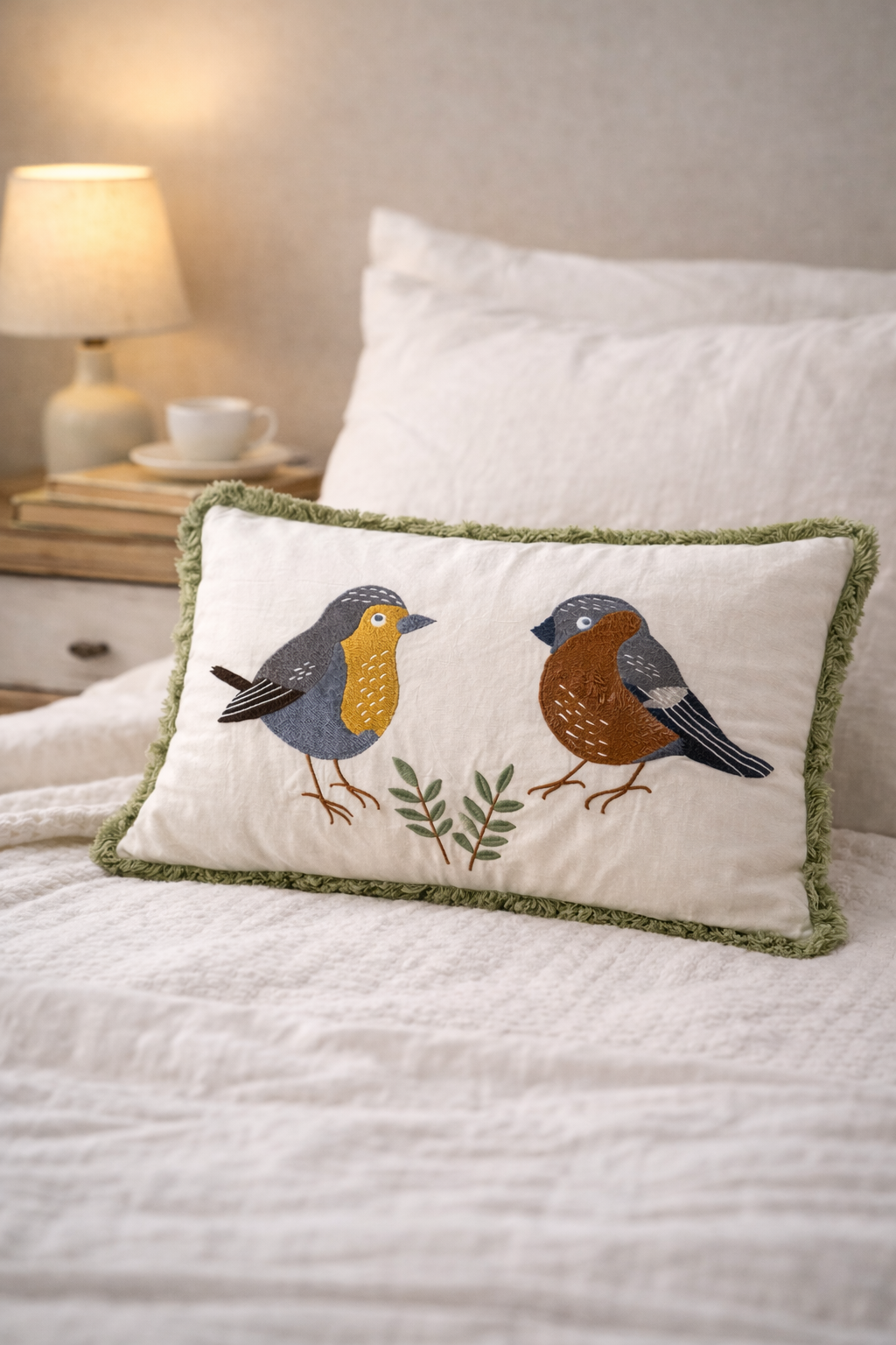 Embroidered Robin Cushion Cover , 100% Slub Cotton Bird Pilllow Cover - Sustainable Boho Home Decor
