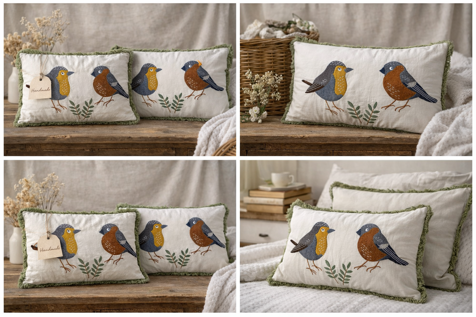 Embroidered Robin Cushion Cover , 100% Slub Cotton Bird Pilllow Cover - Sustainable Boho Home Decor - Image 6