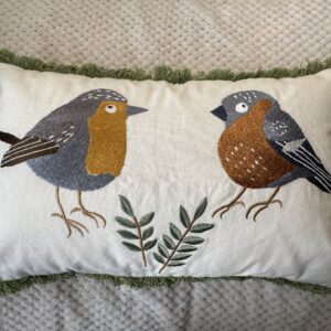 Embroidered Robin Cushion Cover , 100% Slub Cotton Bird Pilllow Cover - Sustainable Boho Home Decor