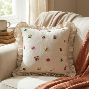 Hand-Embroidered Meadow Ruffle Cushion Cover