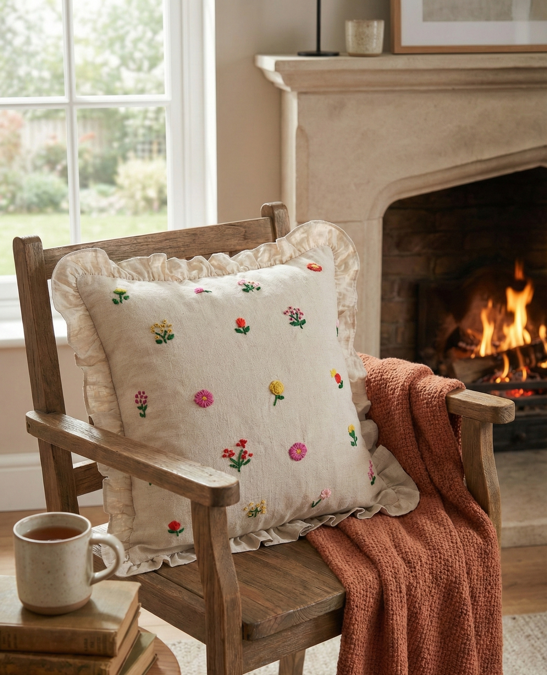 Hand-Embroidered Meadow Ruffle Cushion Cover - Image 2