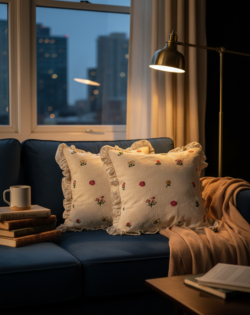 Hand-Embroidered Meadow Ruffle Cushion Cover - Image 3