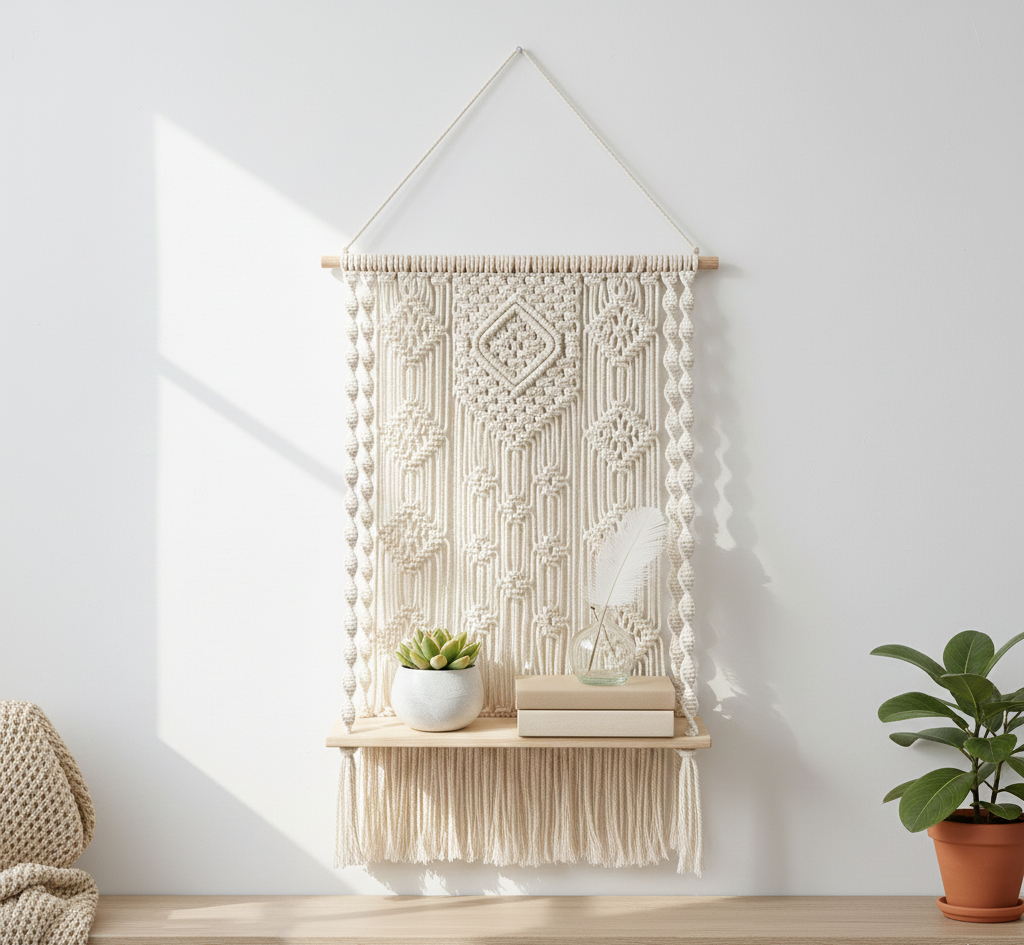 Artisan Macramé Shelf - 100% Natural Cotton - Botanical Display Wall Decor