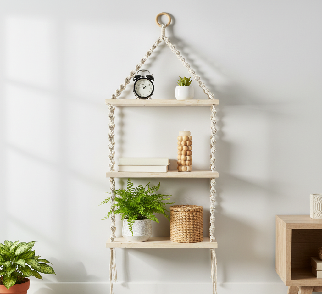 Handmade 3-Tier Macramé Hanging Shelf | 100% Cotton Boho Decor - Image 2