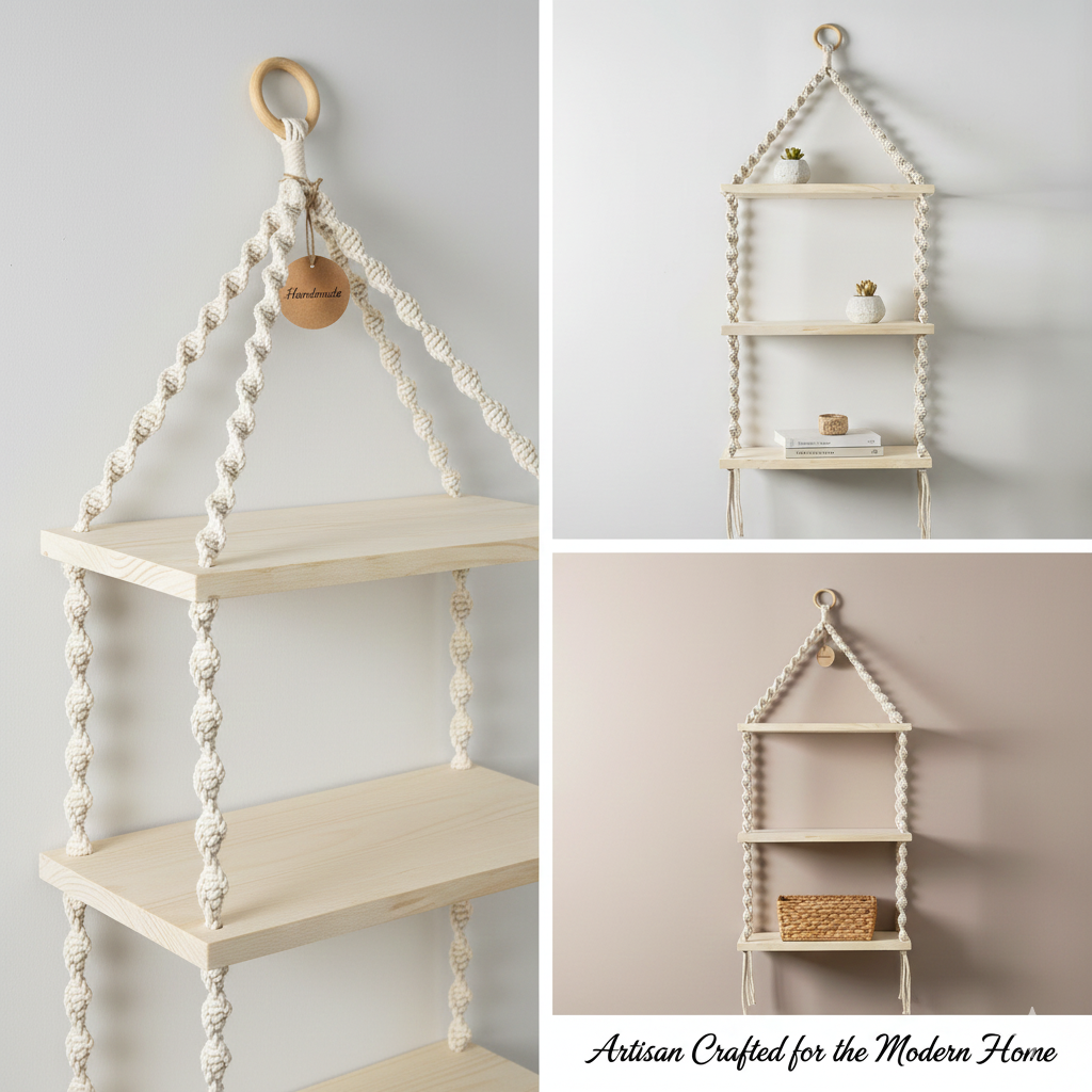 Handmade 3-Tier Macramé Hanging Shelf | 100% Cotton Boho Decor - Image 3