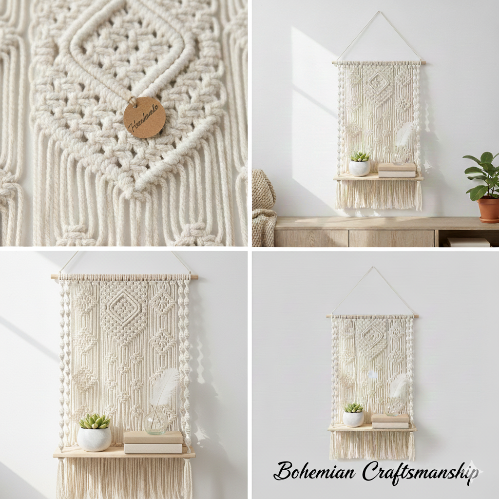 Artisan Macramé Shelf - 100% Natural Cotton - Botanical Display Wall Decor - Image 3